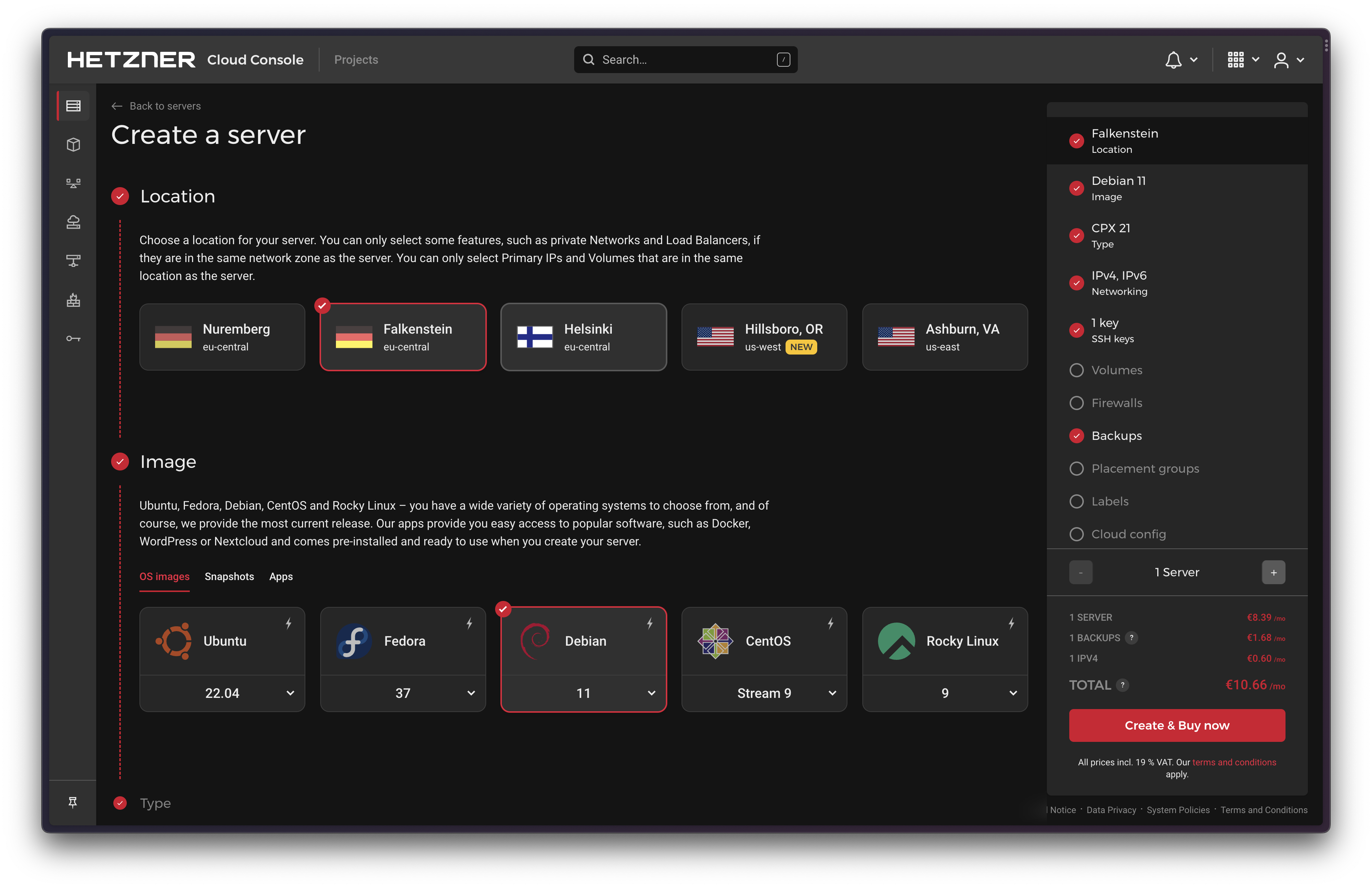 The Hetzner Cloud console, with the Falkenstein location & Debian 11 selected