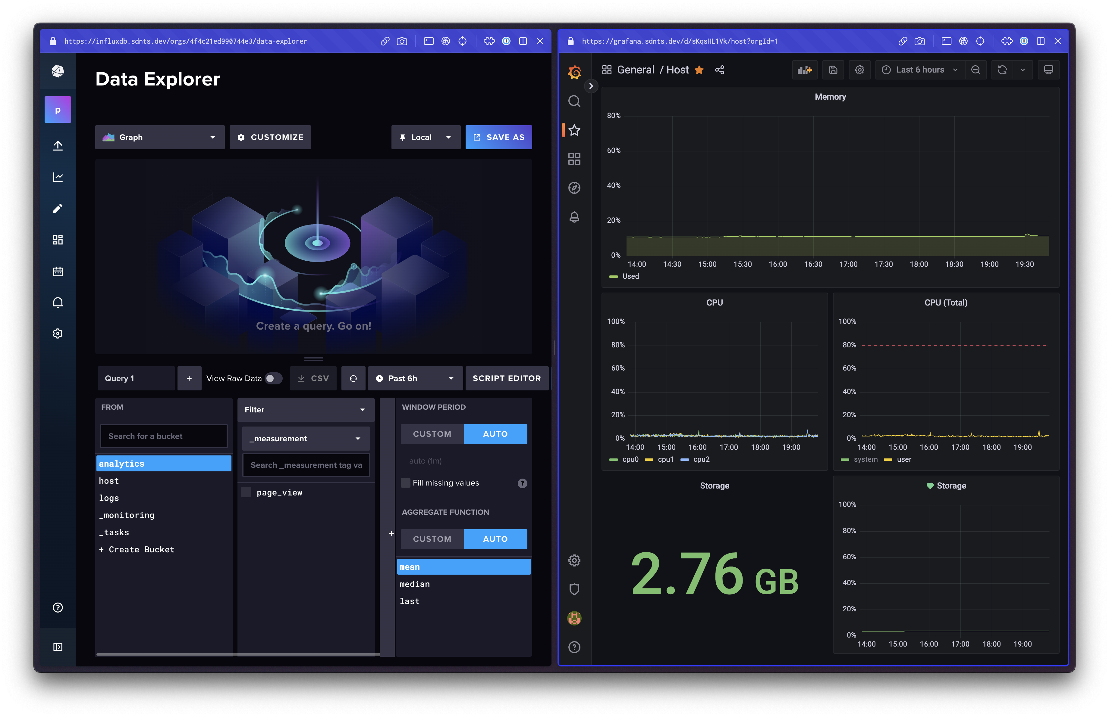 A side-by-side view, with InfluxDB's Data Explorer on the left, and Grafana on the right. Both of these show demo queries.