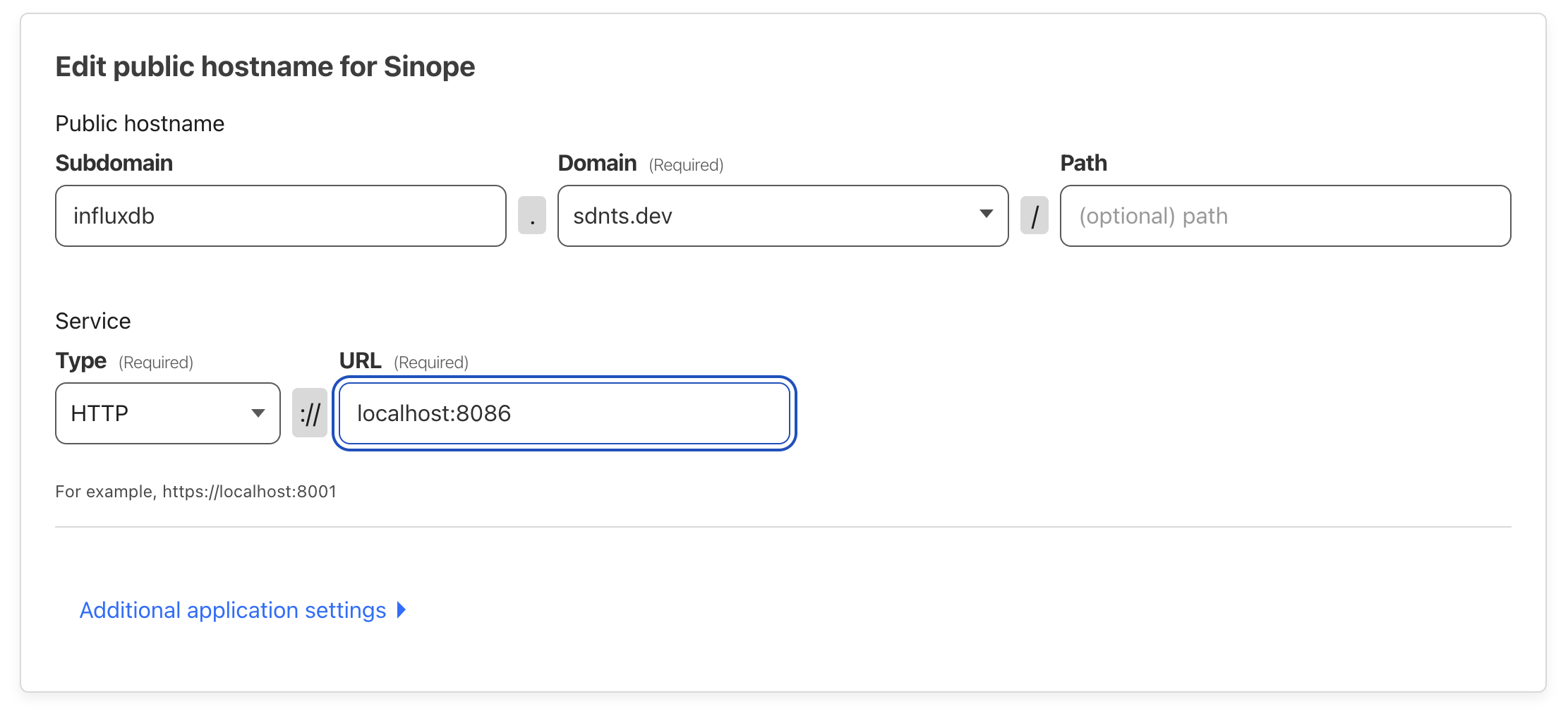 A screenshot with text boxes that describe the mapping from the VPS's local port 8086 to the public hostname influxdb.sdnts.dev.